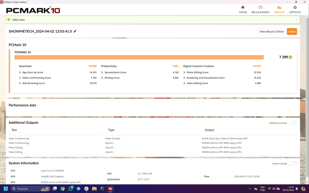 Desempenho de pc no pcmark 10 com pontuação de 7. 299 pontos, destacando produtividade, edição de vídeos e criação digital.