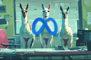 Lhamas com logotipo do meta, ambiente de escritório, tecnologia, inovação, redes sociais, digital, comunicação.