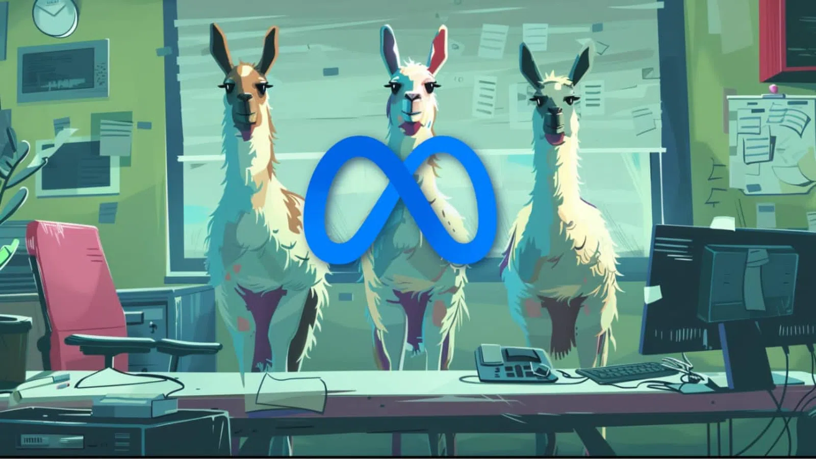 Lhamas com logotipo do meta, ambiente de escritório, tecnologia, inovação, redes sociais, digital, comunicação.