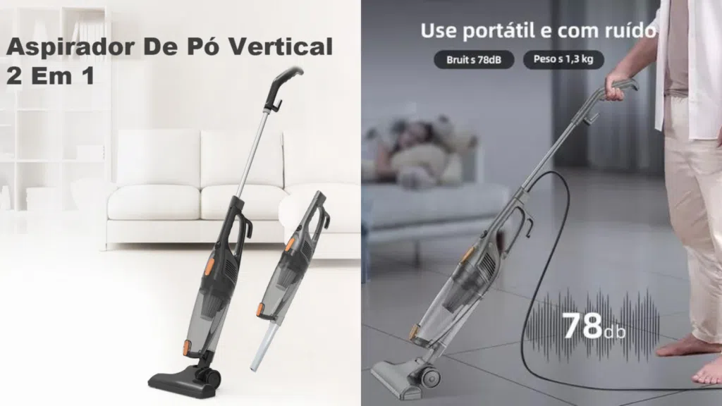 Aspardo de pó vertical portátil silencioso, 2 em 1, leve e eficiente.
