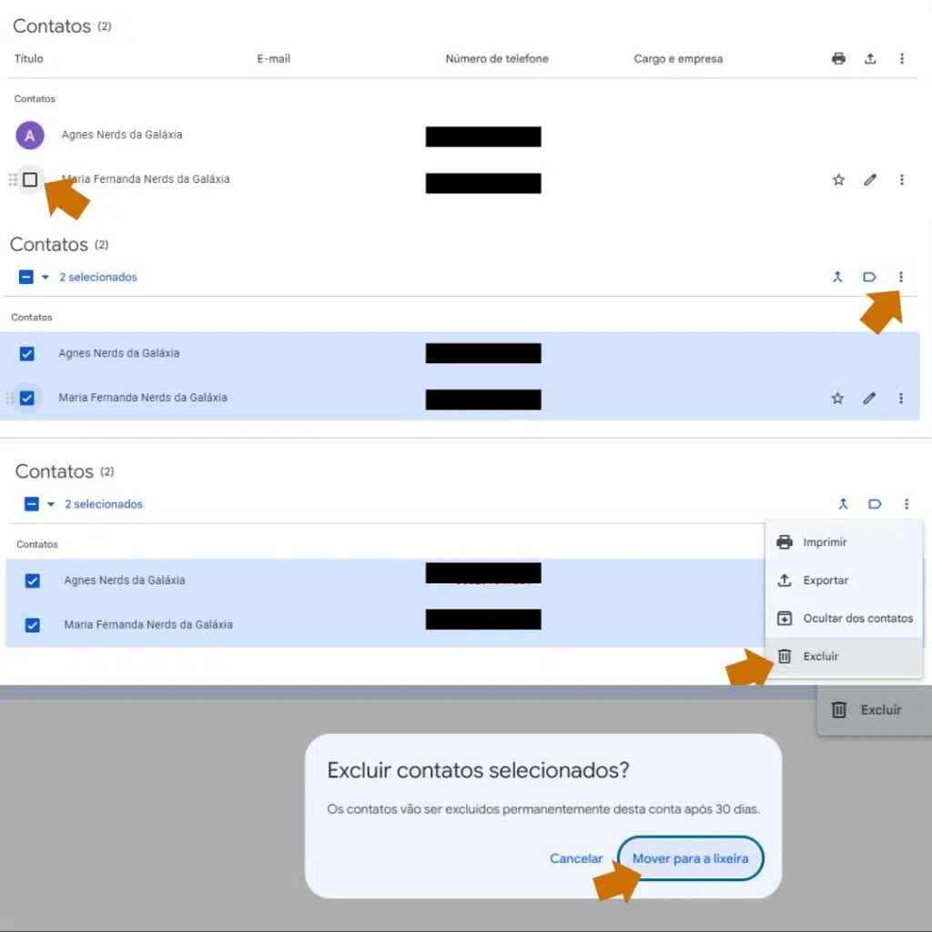 Organize os seus contatos do gmail com essas 10 dicas Etapas, de cima para baixo, de como deletar um contato da sua conta google. (foto: reprodução/showmetech/enzo sapio monello)