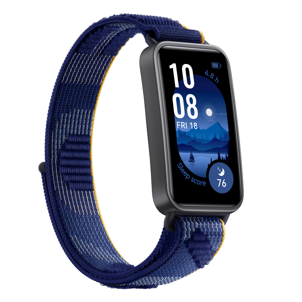 Smartwatch samsung galaxy fit 2 com pulseira de tecido azul escuro.