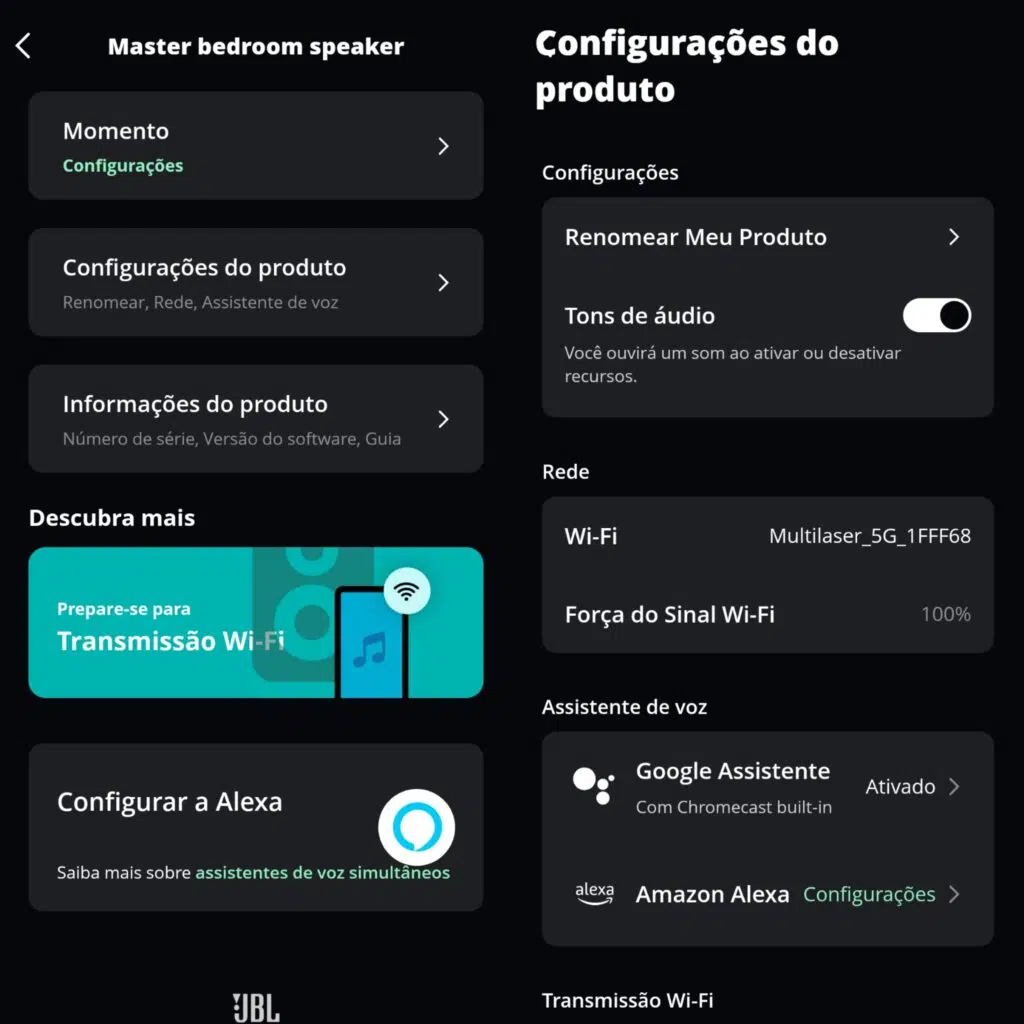 Review: jbl authentics 500, a caixa de som retrô hiperconectada Captura de tela interna do aplicativo jbl one