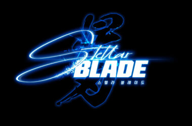 Luta de samurai no filme stella blade com efeitos de neon azul e letras brilhantes.