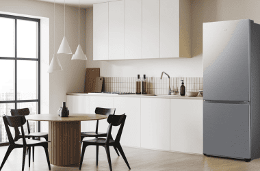 1. Geladeira moderna inox charme minimalista cozinha clara e arejada.