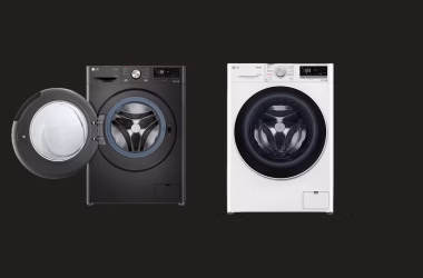 Lavadora lg front load preta e branca com tecnologia inverter e tela digital.