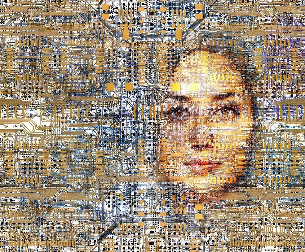 인간의 두뇌와 전자 회로, 인공지능, 첨단 기술이 통합되었습니다.