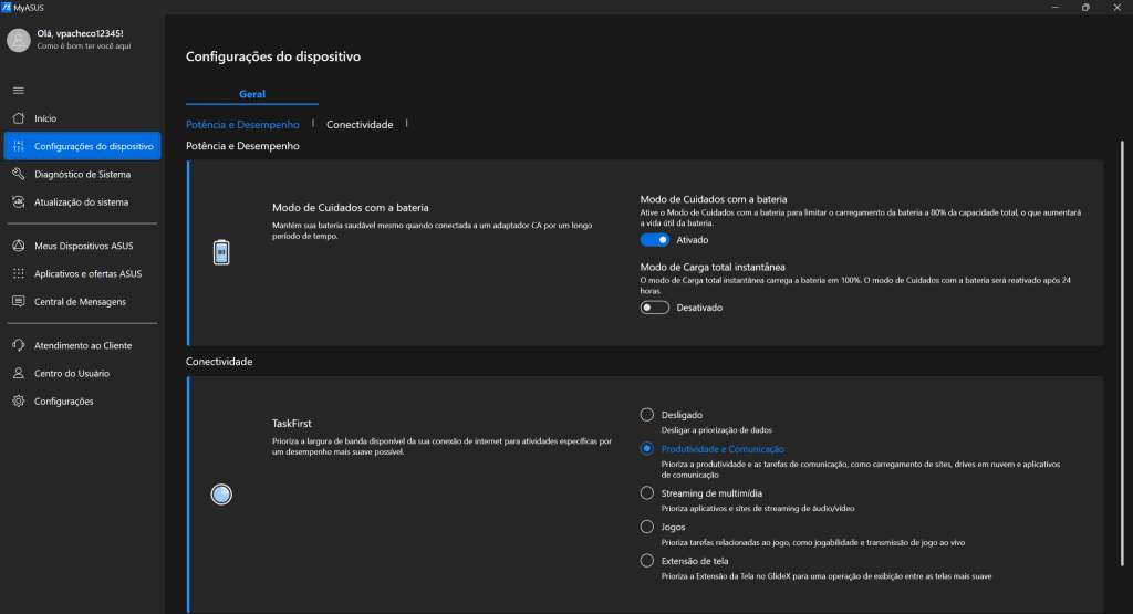 Tela de configurações de hardware de computador com foco em desempenho, bateria e conectividade.
