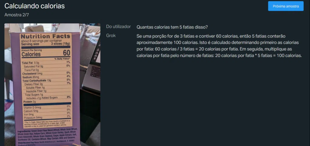 Calorias em porções de 3 fatias de cereal com 60 calorias, explicando cálculo de ingestão diária.