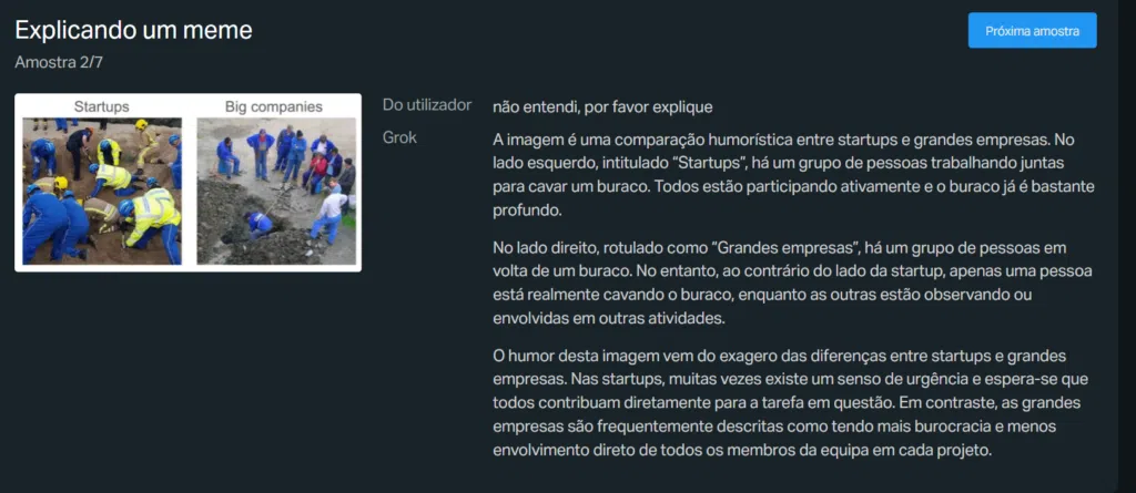 Escavação de buraco por startup e grande empresa, humor sobre diferenças no trabalho.