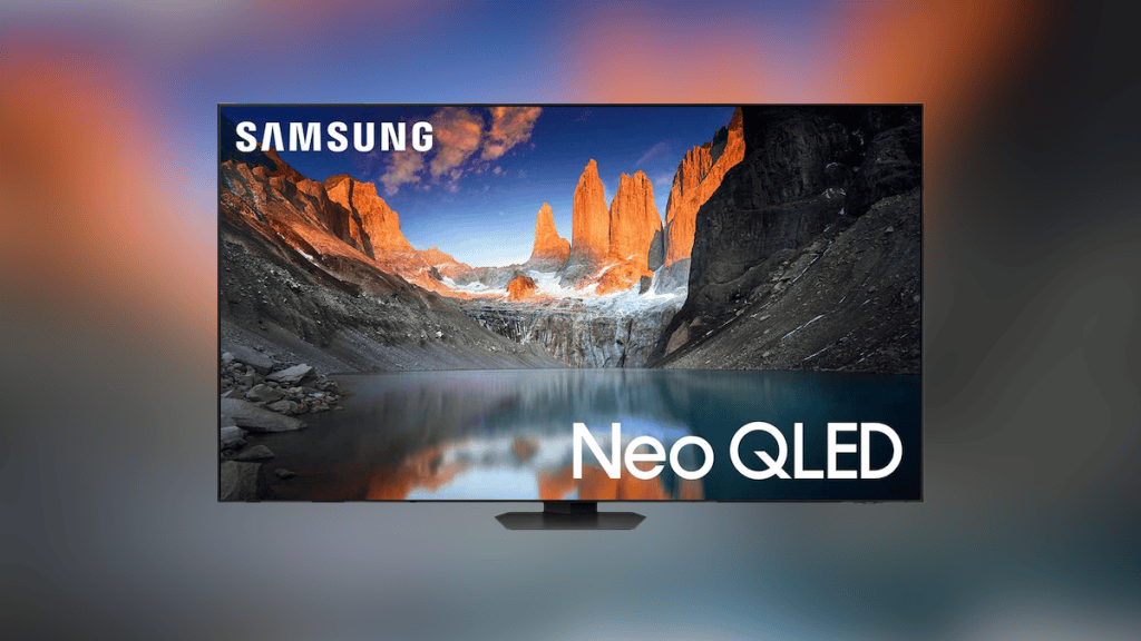 Tela samsung neo qled com paisagem de montanhas ao pôr do sol, destaque para tecnologia de ponta e qualidade de imagem.