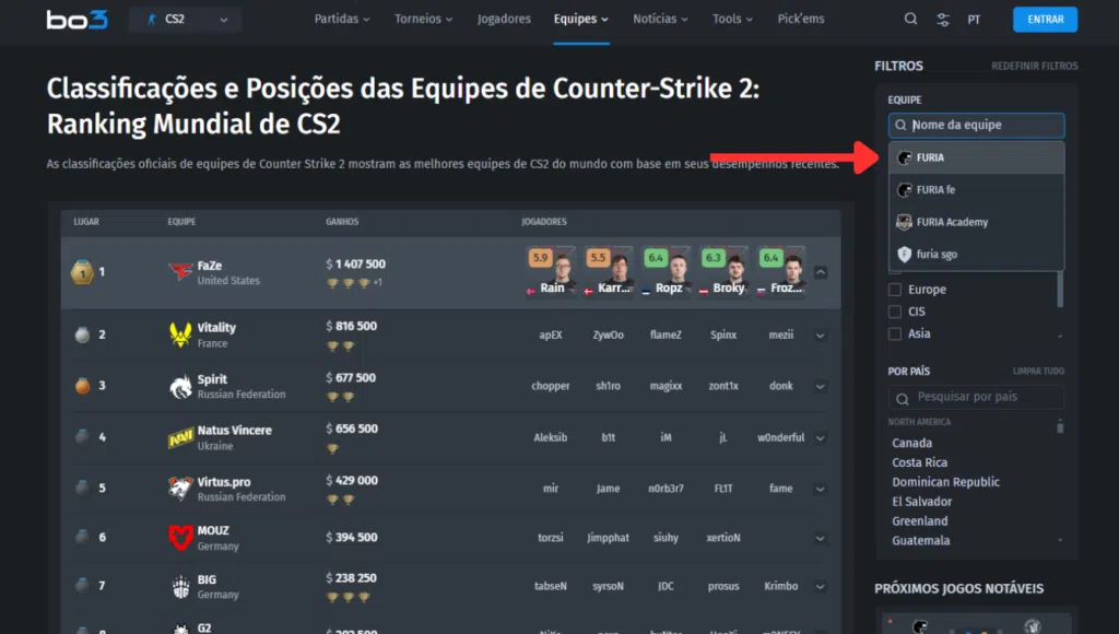 Fúria equipe de cs2 mostra classificação e desempenho em ranking mundial no site showmetech.