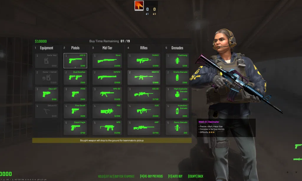 Armas de tiro em jogo de tiro em primeira pessoa com personagem feminina armada.