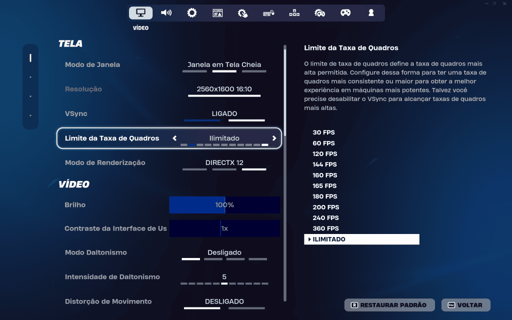Monitor de alta resolução para jogos e vídeos em 2560x1600 pixels, configuração de taxa de quadros e melhorias visuais.
