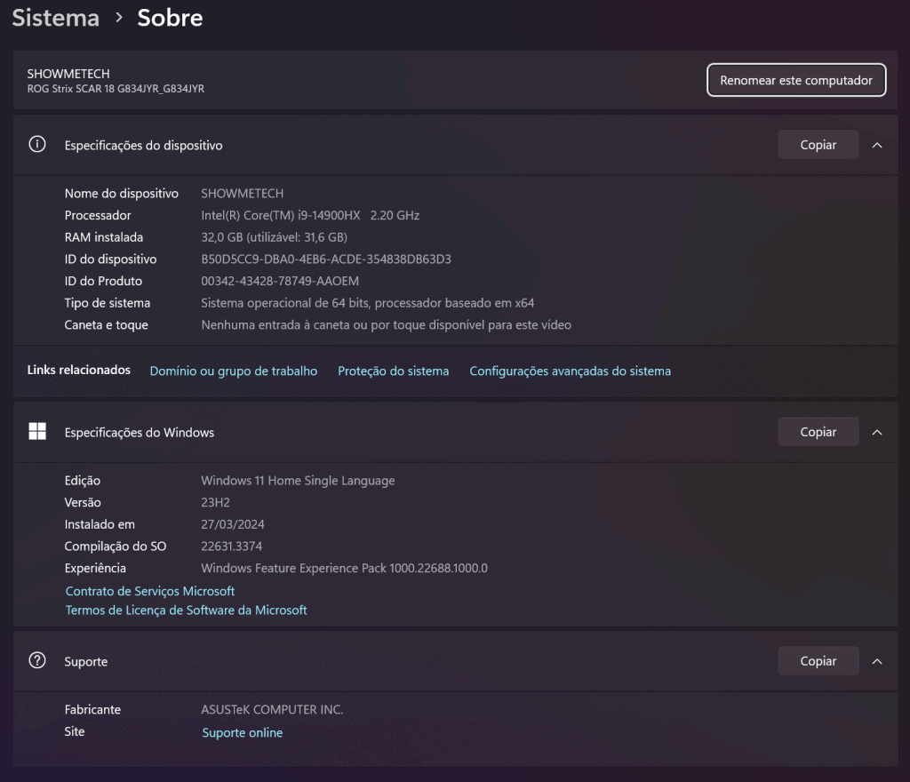 Dados de sistema operacional do notebook rog strix scar 18