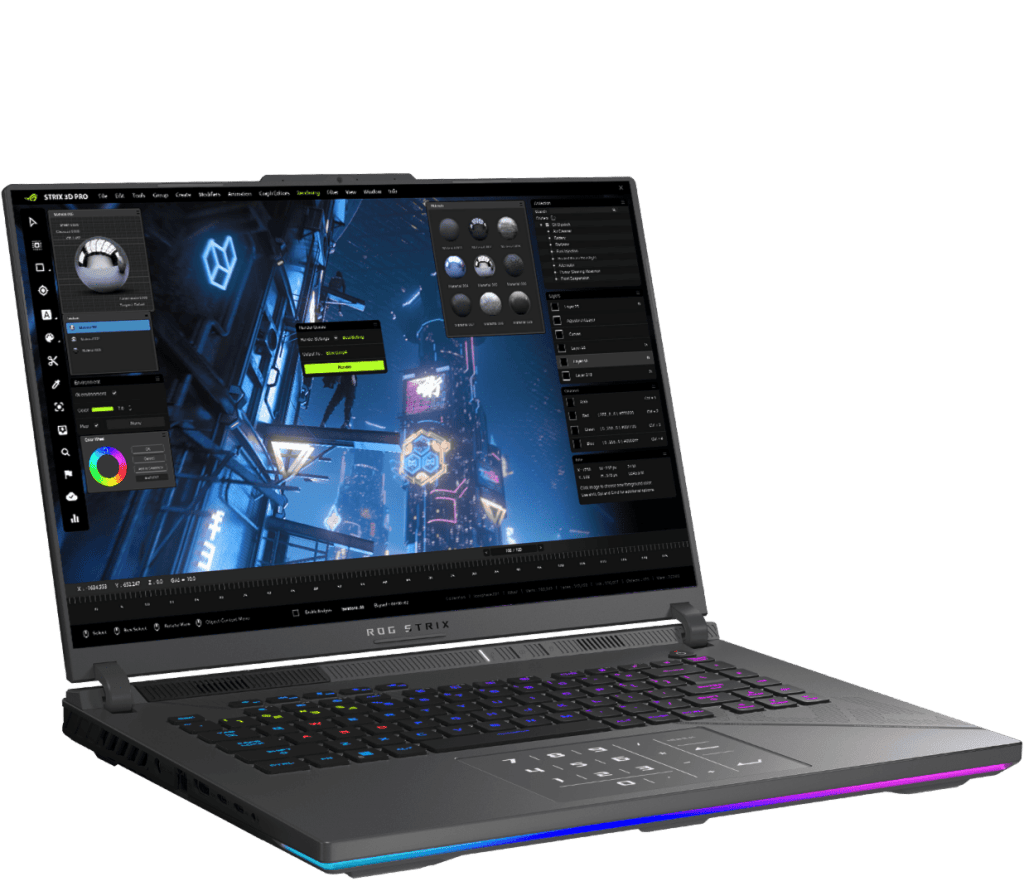 Design de laptop gamer rog strix com tela widescreen e teclado rgb, destaque em tecnologia para jogos e edição de vídeos.