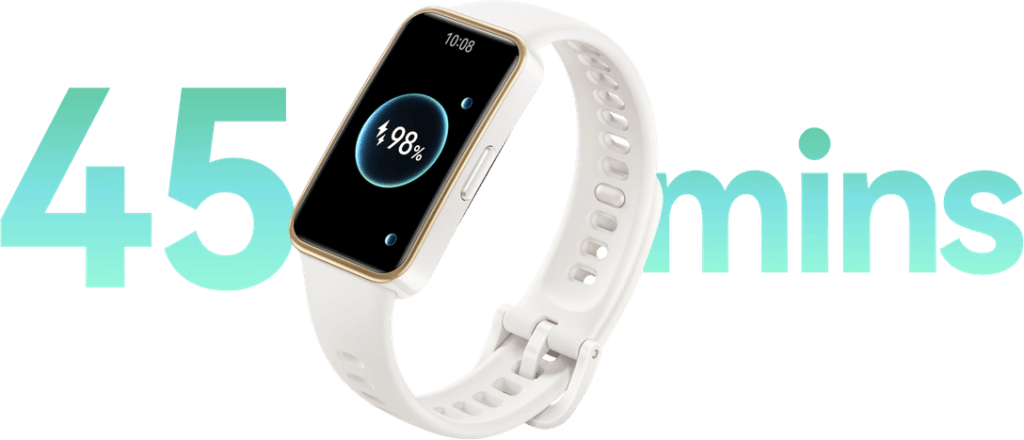 Pulseira fitness com smartwatch exibindo carregamento de 98% e tempo de carga de 45 minutos. Conheça as novidades em tecnologia no showmetech.