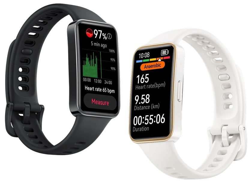 Monitor de saúde e fitness com smartwatch de silicone preto e branco, display digital para atividades físicas e métricas.