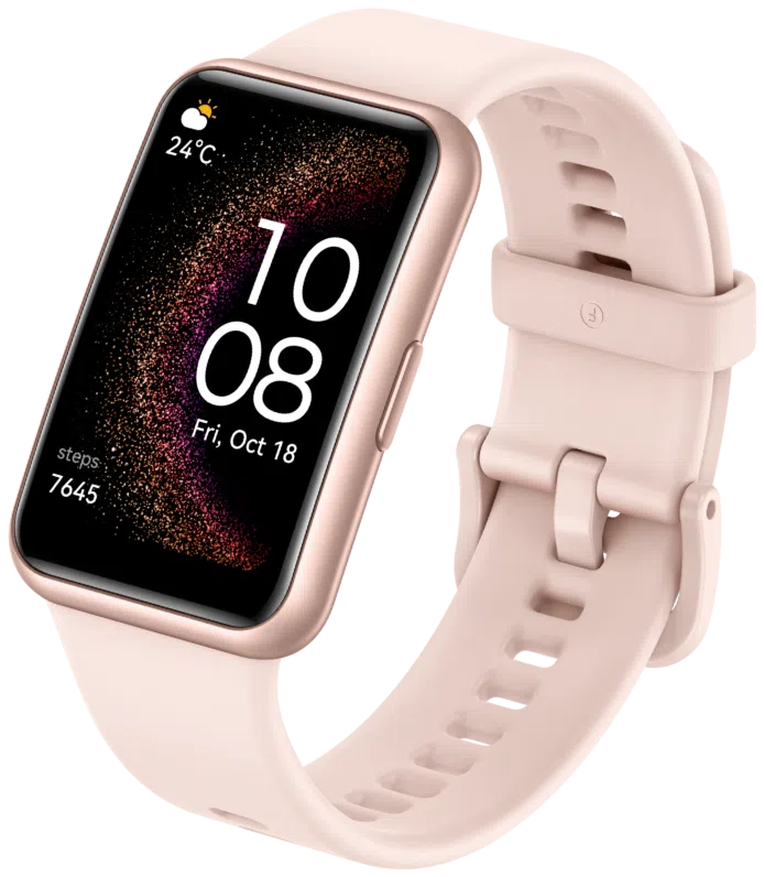Smartwatch fitbit com tela digital e pulseira de silicone rosa, tecnologia wearable fitness e saúde.