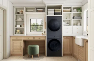 Lavanderia moderna com máquina de lavar e secar empilhadas, armários brancos e detalhes em madeira, ambiente funcional e elegante.