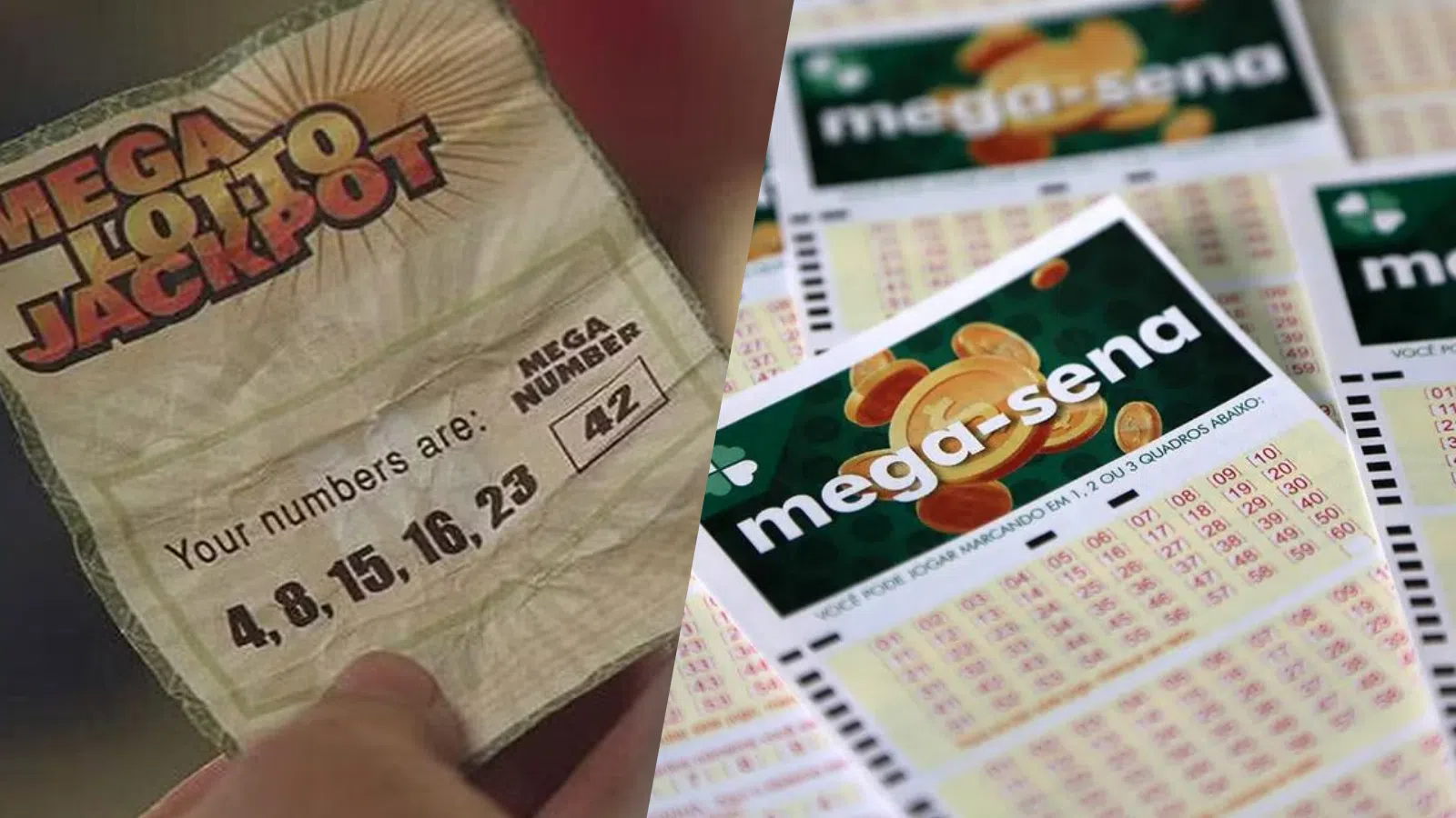 Cartela de loteria mega jackpot e mega-sena com números vencedores acessíveis.