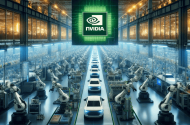 Deep learning e inteligência artificial na fabricação de chips nvidia em fábrica de alta tecnologia.