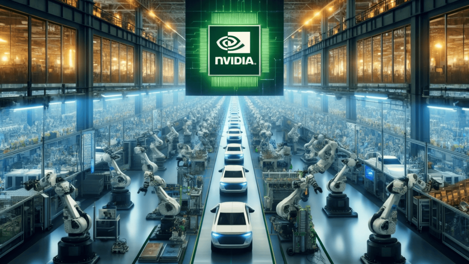 Deep learning e inteligência artificial na fabricação de chips nvidia em fábrica de alta tecnologia.