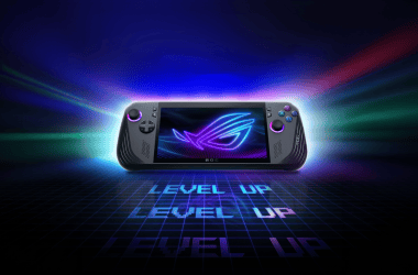 1. Console portátil gamer com iluminação led e logo de gpu estilo neon.