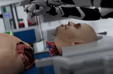 Robô cirúrgico realizando procedimento médico preciso em paciente sedado. Tecnologia avançada na medicina.