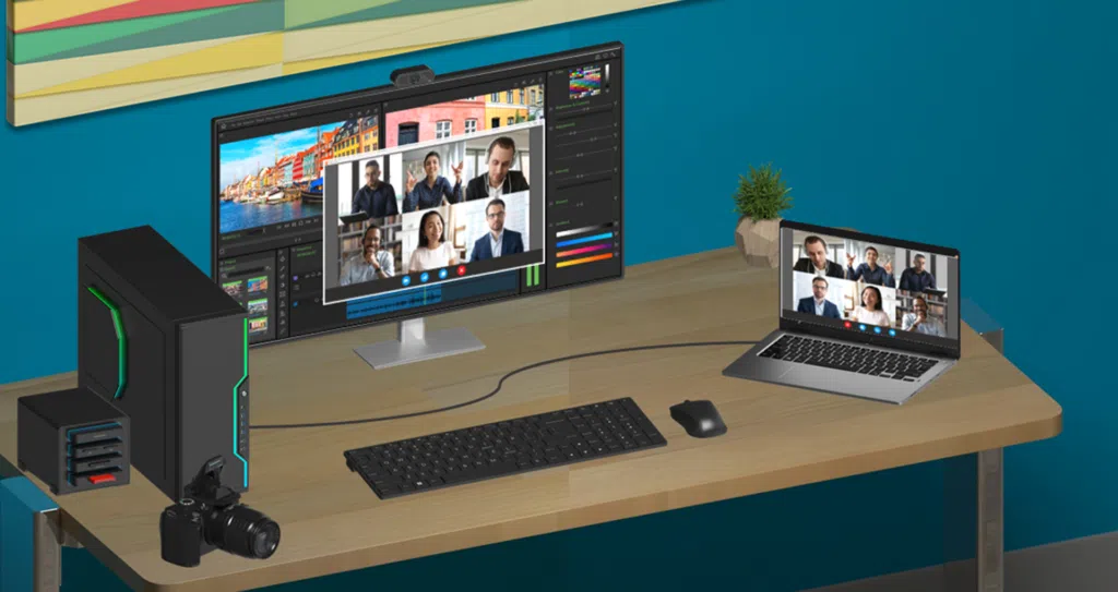 1. Tela de vídeo chamada com várias pessoas em computador e laptop com tecnologia moderna.