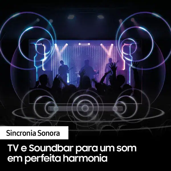 Sincronização sonora, tv e soundbar para som em harmonia perfeita, tecnologia de áudio avançada.