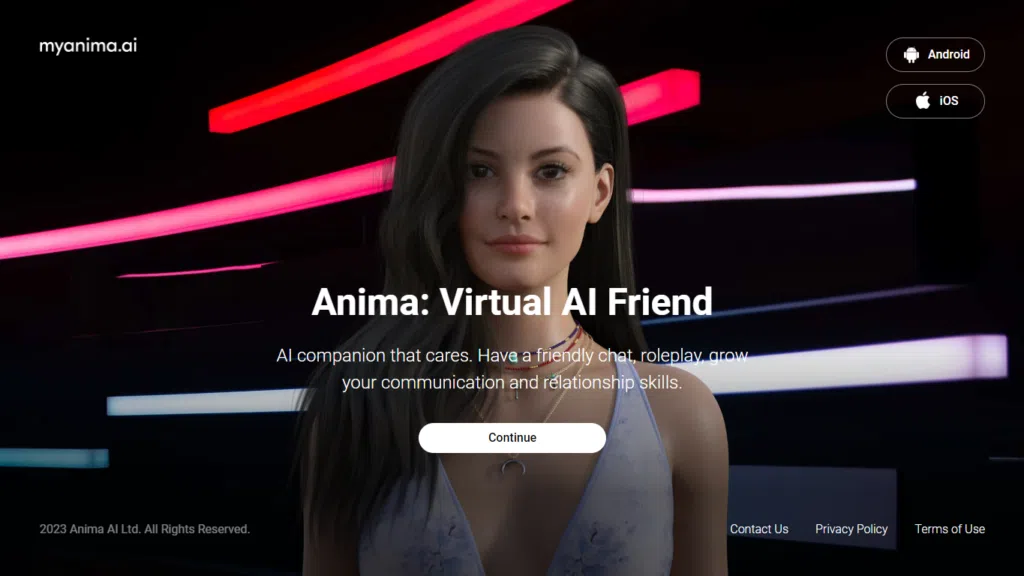 كيفية استخدام الذكاء الاصطناعي لإنشاء صديق أو صديقة افتراضية تظهر الصورة نسخة مطبوعة من الصفحة الرسمية لتطبيق anima: الدردشة الافتراضية لصديق ai.