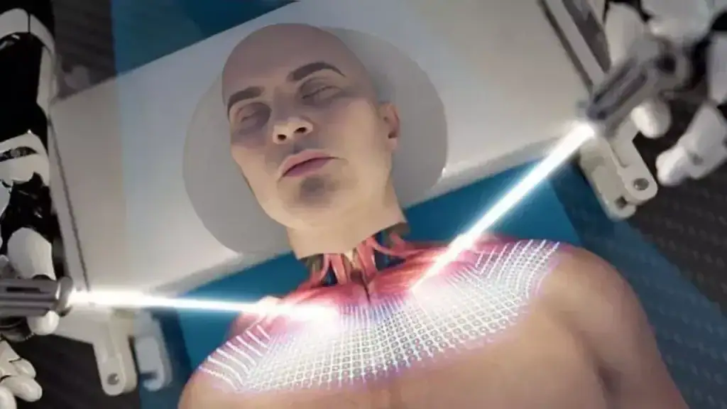 Paciente em teste de tecnologia médica com laser em ação, usando scanner de corpo inteiro em ambiente clínico.
