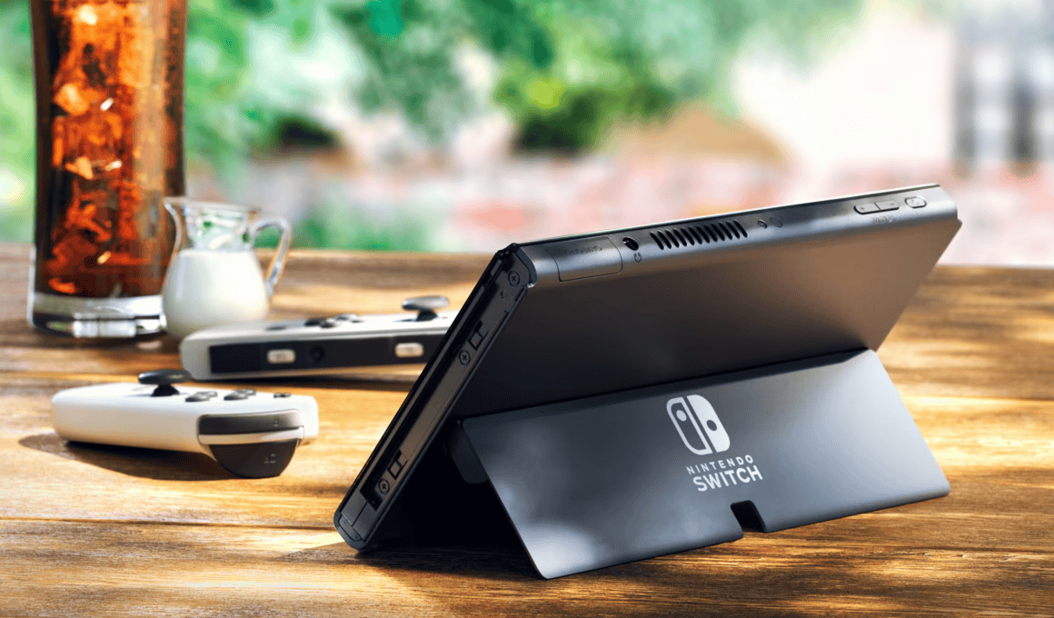 Novo nintendo switch com dock e controles, diversão e tecnologia portátil.