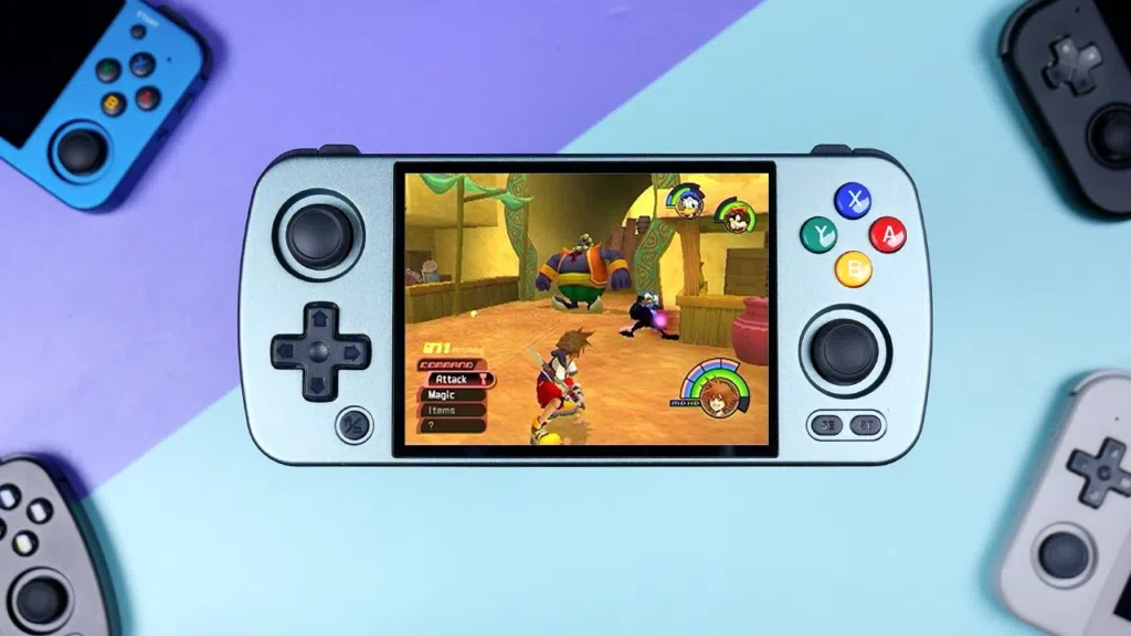 Melhores consoles portáteis de pc e videogame para comprar já Controle portátil com jogo de rpg de ação e aventura, destaque para o console e bocinas de jogos retrô.