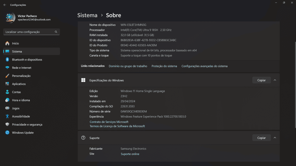 Intel core i9, sistema windows 11, informações do hardware do pc showmetech.