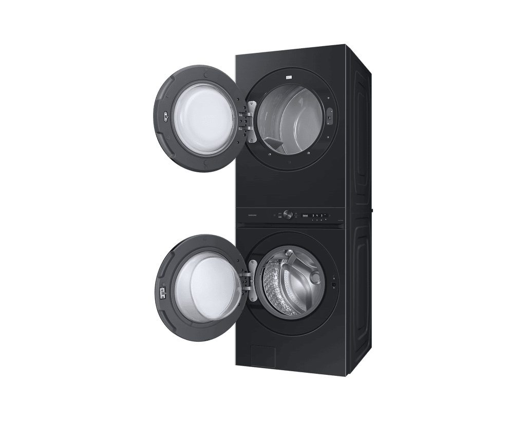 Entdecken Sie den maßgeschneiderten Wäscherei-Hub von Samsung, den neuen Waschturm von Samsung Kompakt, minimalistisch und elegant – der maßgeschneiderte KI-Wäschehub von Samsung vereint Waschmaschine und Trockner in einem Produkt. Bild: Samsung.