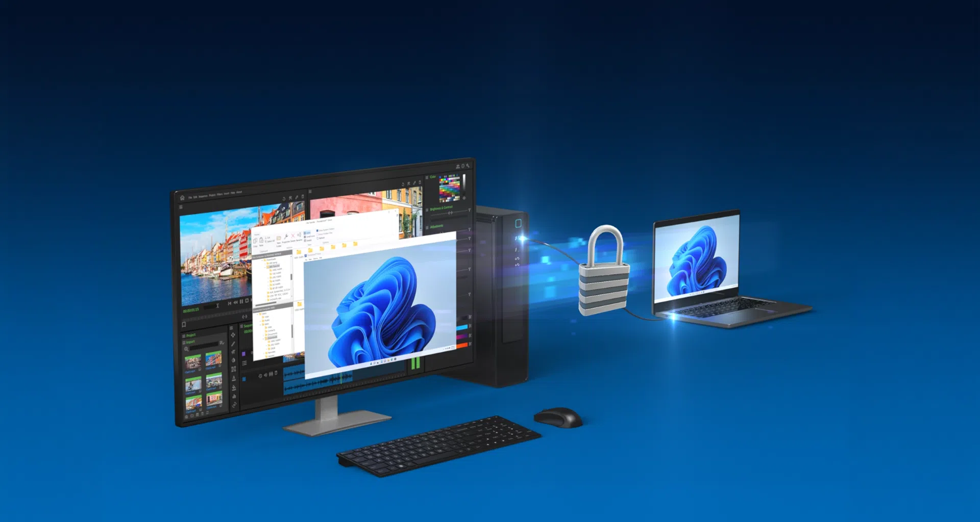 Monitor com edição de vídeo conectada a um laptop, símbolo de segurança digital e proteção de dados.