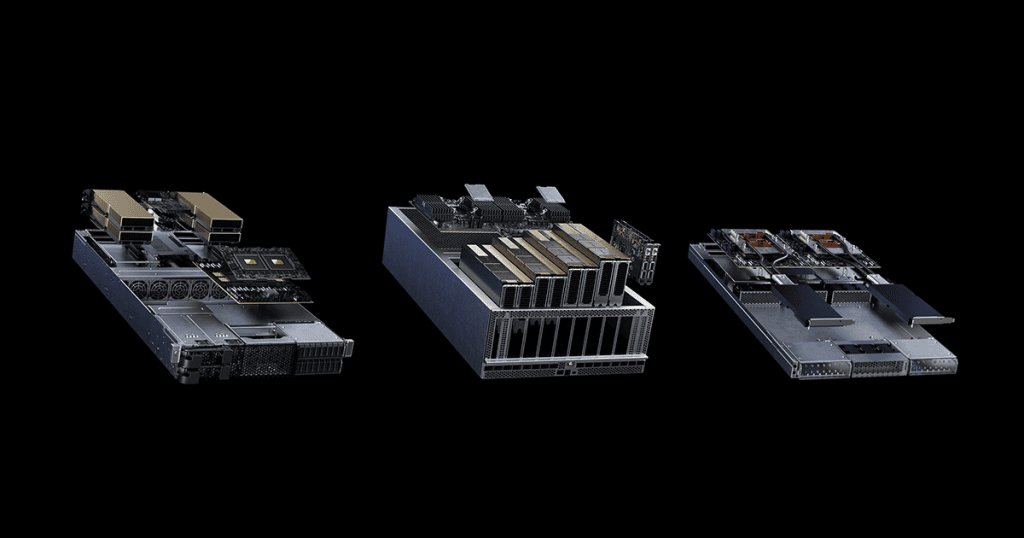 Chips de servidores de alta performance em uma imagem escura.