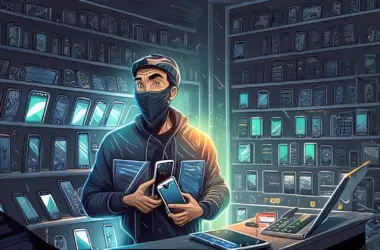 Ilustração de uma loja de celulares ilegais, com vendedor cobrindo o rosto e segurando vários aparelhos