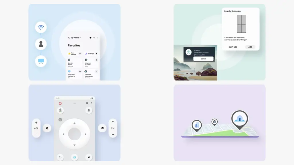 Cos'è Samsung SmartThings? Scopri come utilizzare L'immagine illustra alcuni passaggi su come utilizzare smartthings, l'app per la casa connessa di Samsung.
