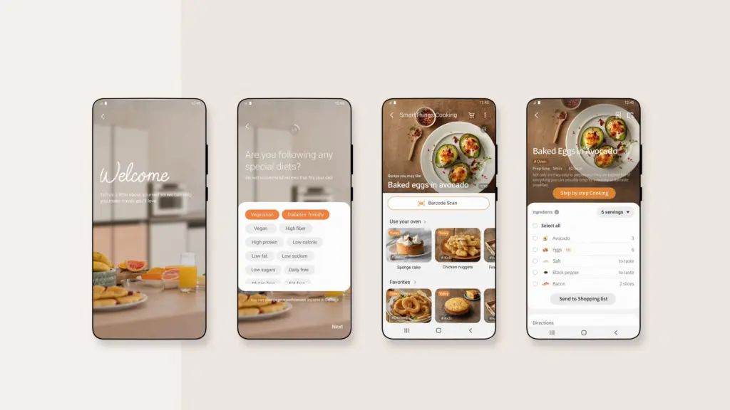 Cos'è Samsung SmartThings? Scopri come utilizzare L'immagine illustra la funzionalità di cucina smartthings dell'app Samsung.