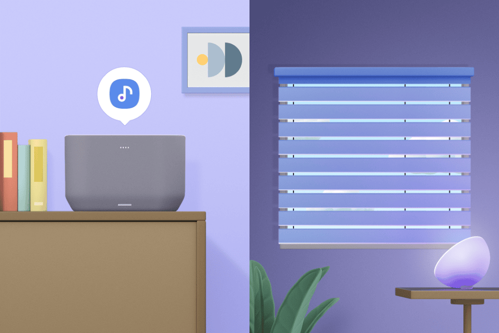 Altofalante inteligente tocando música, casa moderna, tecnologia, automação residencial, sonhos tech.