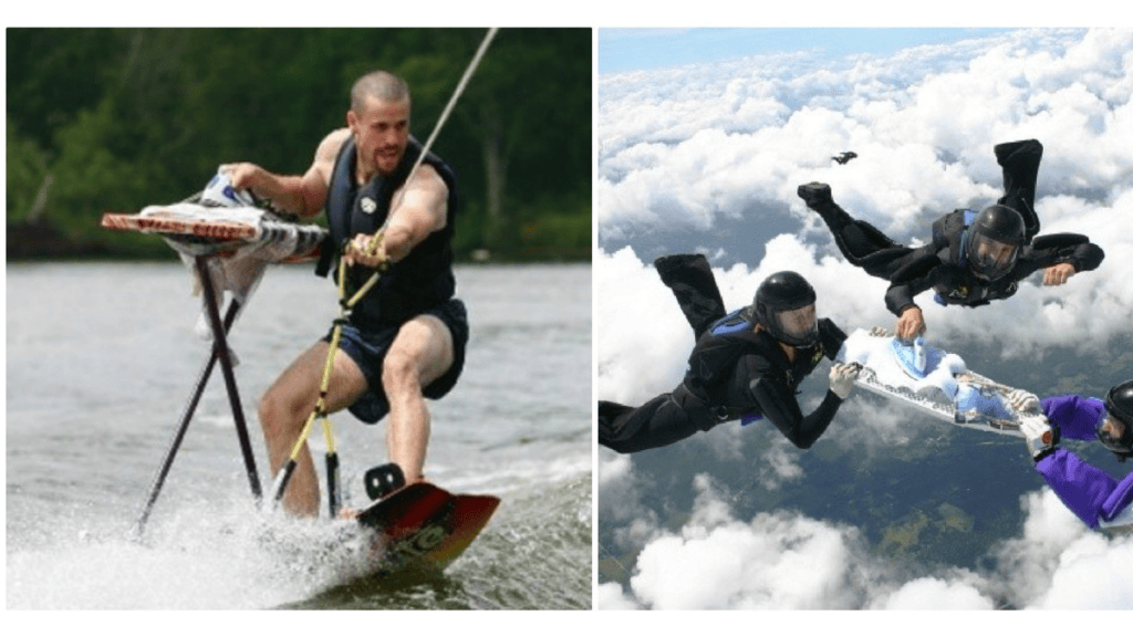 30 sottoculture e comunità insolite che hanno successo Un uomo fa wakeboard mentre stira i vestiti e tre uomini stirano una maglietta mentre fanno paracadutismo