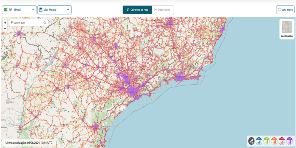 Map shows 5g, 4g and 3g coverage of vivo, Claro and Tim in Brazil. Look 5g coverage