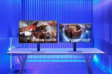Tv oled galaxy odyssey oled g8 e g6 exibidas em ambiente de tecnologia avançada.