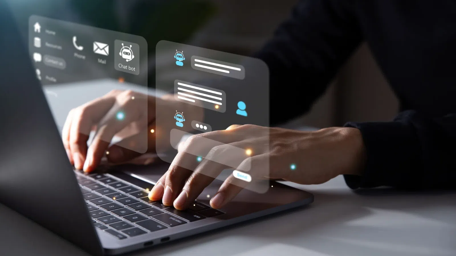 Assistente de chatbot com ia interagindo via laptop, tecnologia e inovação em foco.