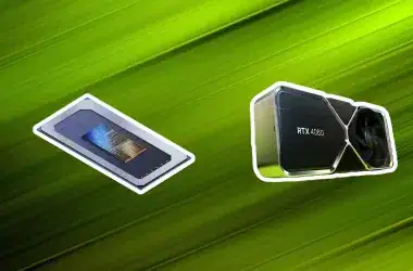 Cpu intel core ultra e placa de vídeo nvidia rtx 4060 sobre fundo de raios em verde