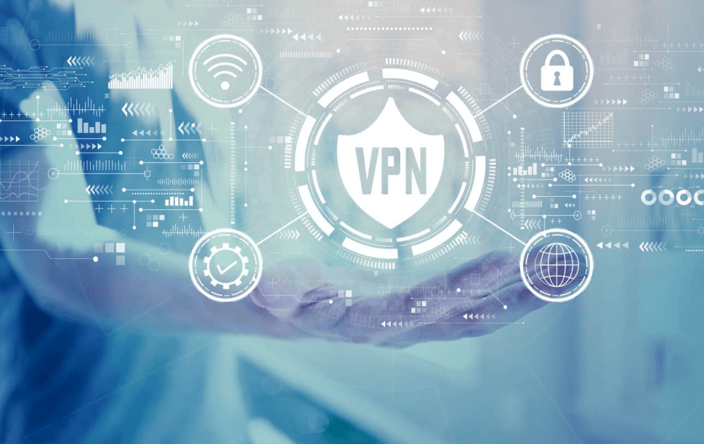 Conexão vpn segura com ícones tecnológicos e de privacidade digital.