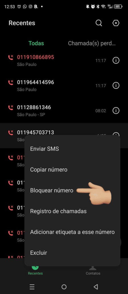 كيفية منع مكالمات التسويق عبر الهاتف على Procon وAnatel انقر فوق رقم الكتلة. الصورة: فيكتور باتشيكو، سمت